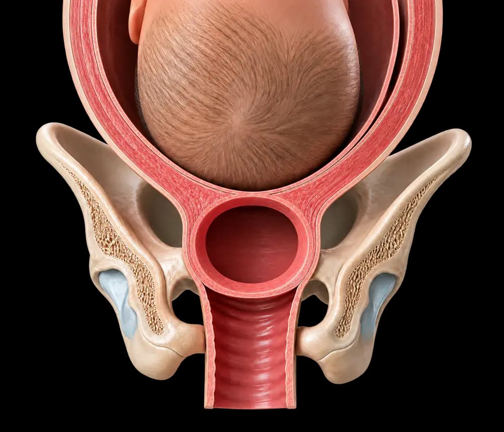 Close-up pelvic view showing one degree of cervical dilation for identification.