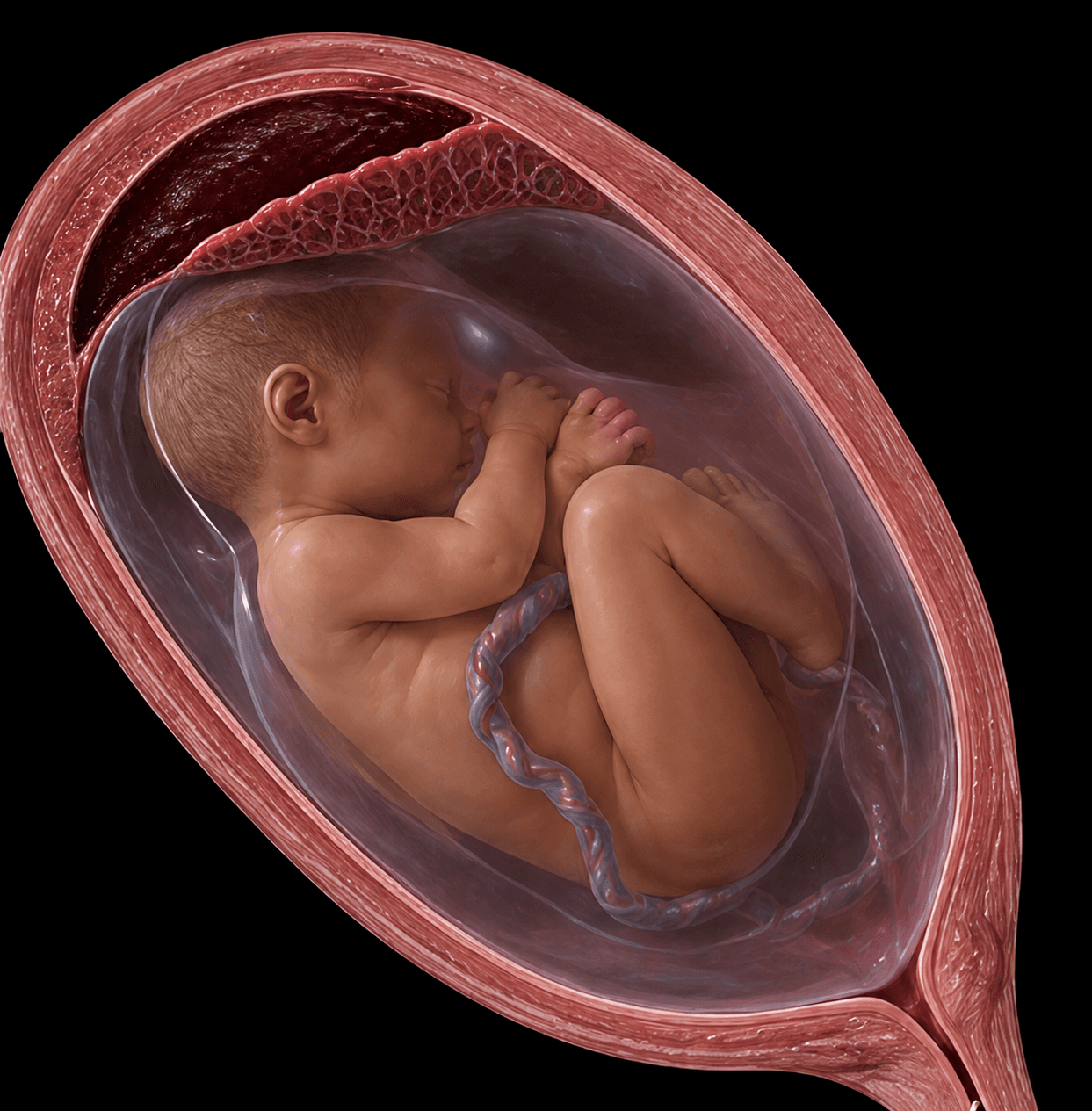 Sagittal uterus showing one placental position for identification.
