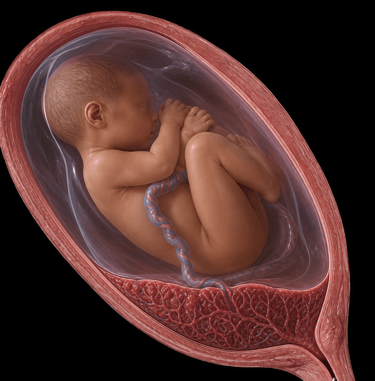 Sagittal uterus showing one placental position for identification.